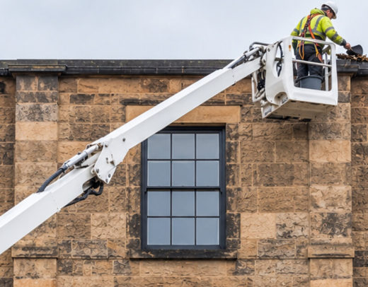 Gutter cleaning from a white cherry picker platform beside a sandstone townhouse